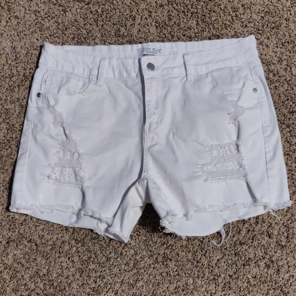 Judy Blue Women's White Distressed Shorts With Eyelet Underlay